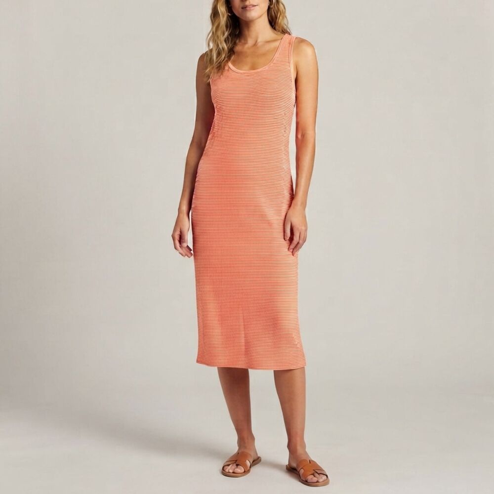 Eddie Bauer Orange White Striped Sleeveless Midi Dress Size Large L Casual